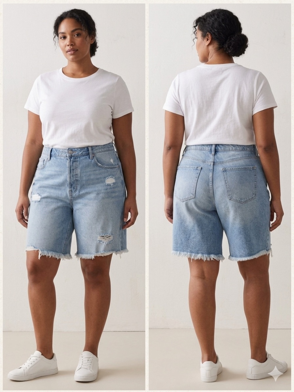 Light Wash Distressed Denim Bermuda Shorts - Women